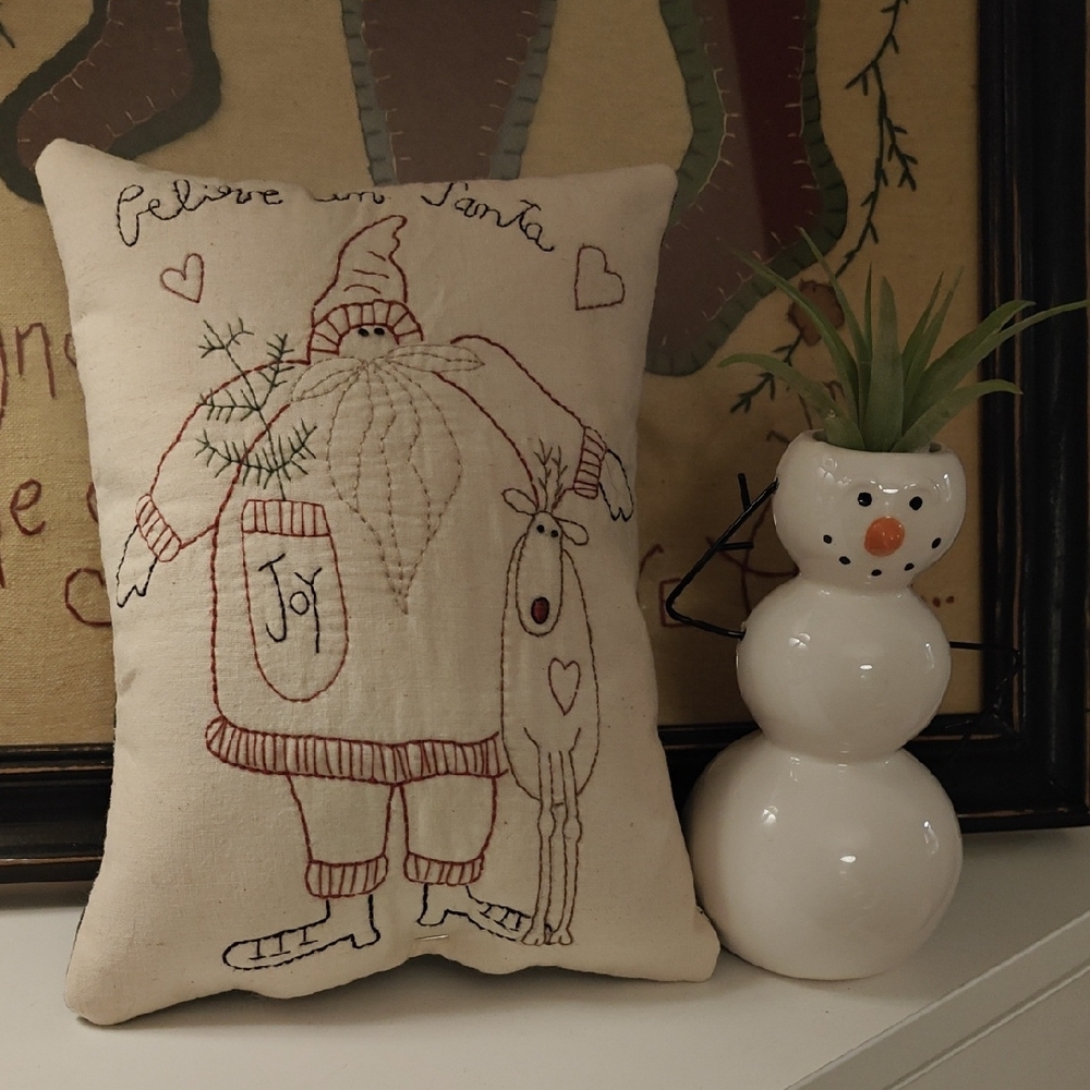 Festive Santa and Reindeer Embroidered Pillow